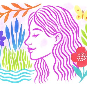 May include: Illustration of a woman's profile with long, wavy pink hair, surrounded by colorful botanical elements. A yellow butterfly, red flower, and various plants in shades of green, blue, and orange complete the design.