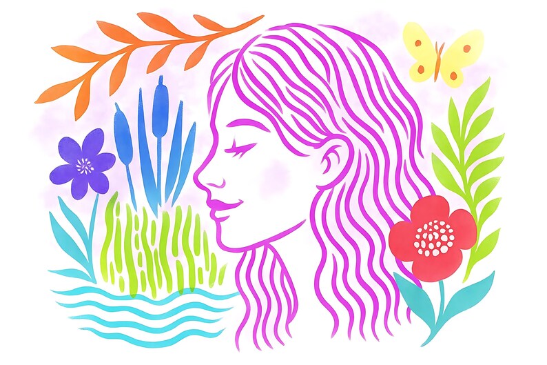 May include: Illustration of a woman's profile with long, wavy pink hair, surrounded by colorful botanical elements. A yellow butterfly, red flower, and various plants in shades of green, blue, and orange complete the design.