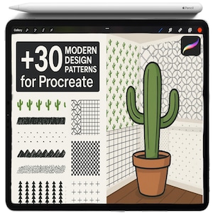 Könnte beinhalten: Ein schwarzes Tablet zeigt "+30 MODERN DESIGN PATTERNS for Procreate" mit Designbeispielen. Ein grüner Kaktus in einem braunen Topf steht in der Ecke. Ein weißer Apple Pencil liegt obenauf.