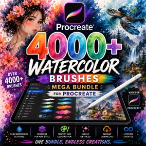 May include: Digital art bundle for Procreate featuring over 4000 watercolor brushes. The image showcases a tablet with a stylus, a colorful design, and the text "4000+ Watercolor Brushes". Includes "Real Watercolor Textures" and "Instant Download".