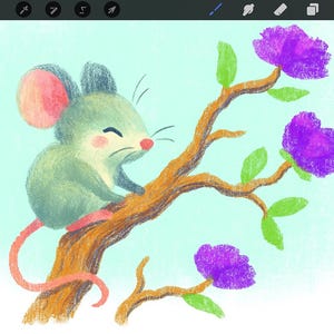 May include: A whimsical illustration of a gray mouse perched on a brown branch with purple flowers and green leaves. The mouse has pink ears and a red nose, set against a light blue background.