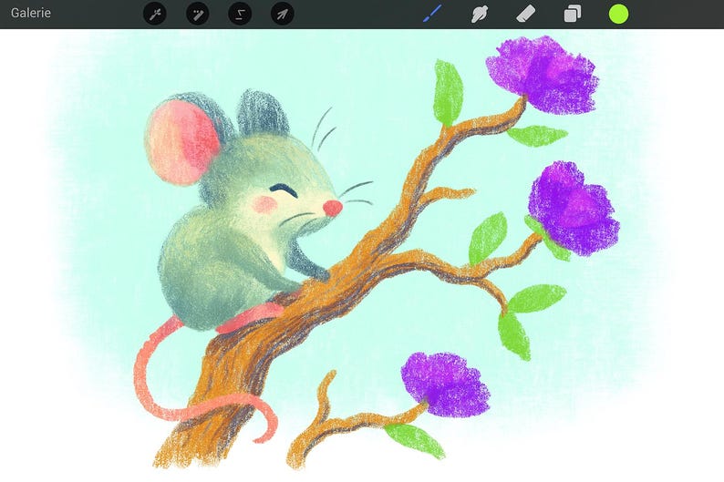 May include: A whimsical illustration of a gray mouse perched on a brown branch with purple flowers and green leaves. The mouse has pink ears and a red nose, set against a light blue background.