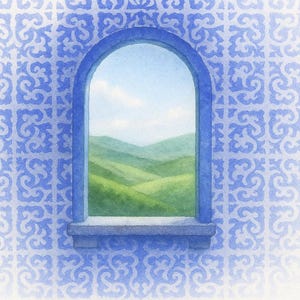 May include: Watercolour painting of a blue arched window overlooking green rolling hills and a blue sky. The window is set in a wall with a blue and white patterned tile design.
