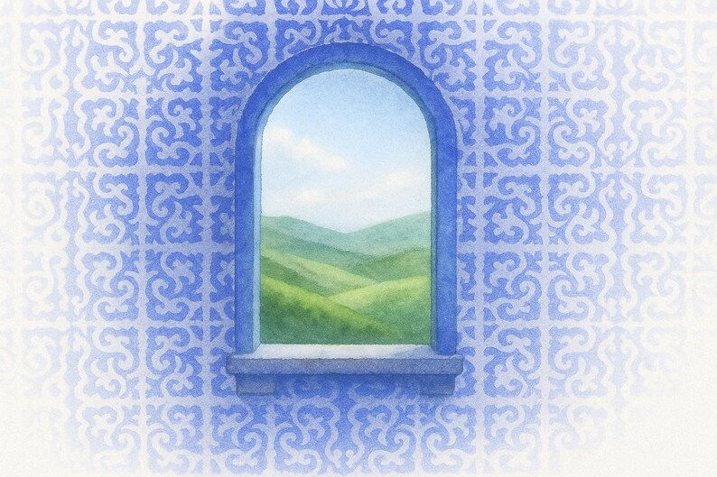 May include: Watercolour painting of a blue arched window overlooking green rolling hills and a blue sky. The window is set in a wall with a blue and white patterned tile design.