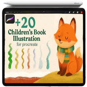 May include: A digital illustration on a tablet screen, featuring a cartoon fox with a green and yellow scarf. The text reads "+20 Children's Book Illustration for Procreate." A white stylus rests on top of the tablet.