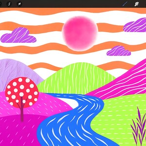 May include: A colorful digital illustration of a landscape with a pink sun, purple clouds, and rolling hills in shades of green, pink, and purple. A blue river winds through the scene, and a tree with red spots stands in the foreground.