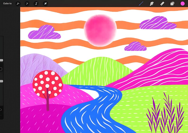 May include: A colorful digital illustration of a landscape with a pink sun, purple clouds, and rolling hills in shades of green, pink, and purple. A blue river winds through the scene, and a tree with red spots stands in the foreground.