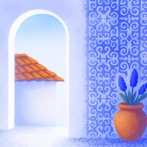 May include: A digital illustration depicting a Mediterranean setting. A blue and white patterned wall frames an arched doorway, with a terracotta pot holding blue flowers. A red-tiled roof is seen through the arch. The image has a calming atmosphere.