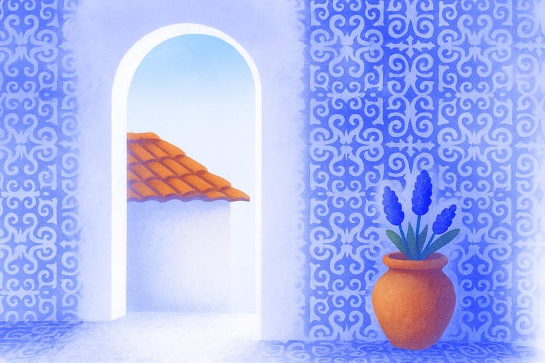 May include: A digital illustration depicting a Mediterranean setting. A blue and white patterned wall frames an arched doorway, with a terracotta pot holding blue flowers. A red-tiled roof is seen through the arch. The image has a calming atmosphere.