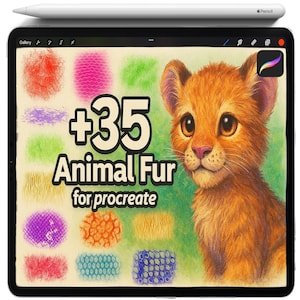 May include: A digital illustration on a tablet featuring a lion cub and various animal fur textures. The text reads "+35 Animal Fur for Procreate." A white stylus rests on top of the tablet. The lion cub is orange and brown.