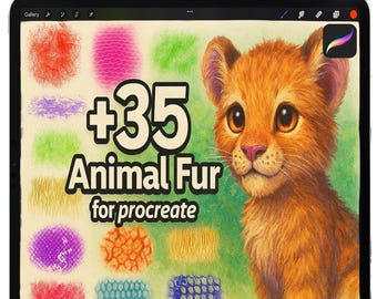 May include: A digital illustration on a tablet featuring a lion cub and various animal fur textures. The text reads "+35 Animal Fur for Procreate." A white stylus rests on top of the tablet. The lion cub is orange and brown.