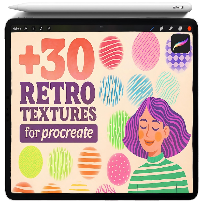 May include: A digital tablet displays a graphic with the text "+30 RETRO TEXTURES for procreate." The graphic features colorful, patterned egg shapes and an illustration of a woman with purple hair. A white stylus with the Apple logo rests on top.