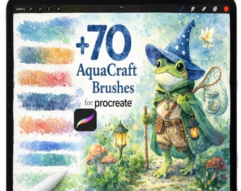 以下が含まれることがあります： iPadには、「+70 AquaCraft Brushes for Procreate」というテキストが表示されたデジタルアートシーンが表示されています。魔法使いの帽子とマントを着た気まぐれなカエルのキャラクターが登場します。画像には、デジタルペンシルとカラフルなブラシストロークサンプルが含まれています。