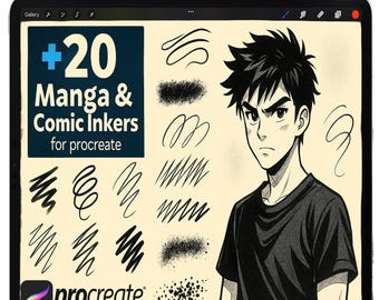 May include: A digital illustration on a tablet featuring a manga-style character and various ink brush strokes. The screen displays the text "+20 Manga & Comic Inkers for Procreate" and the Procreate logo. A white stylus is positioned above the tablet.