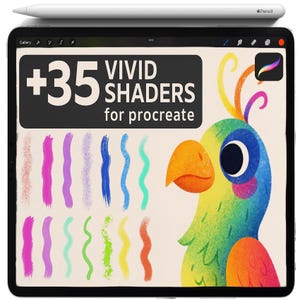 May include: A digital tablet displays a colorful illustration of a parrot and a selection of vibrant brush strokes. The text reads "+35 Vivid Shaders for Procreate." A white stylus rests at the top of the tablet.