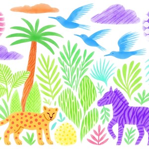 May include: A colorful illustration featuring a jungle scene with a cheetah, zebra, and birds. The artwork includes a palm tree, various plants, and stylized clouds. The color palette includes orange, green, blue, purple, and yellow.