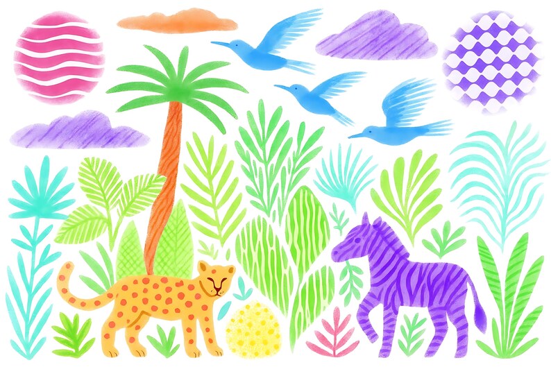 May include: A colorful illustration featuring a jungle scene with a cheetah, zebra, and birds. The artwork includes a palm tree, various plants, and stylized clouds. The color palette includes orange, green, blue, purple, and yellow.