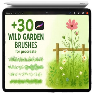 Könnte beinhalten: Digitale Illustration auf einem Tablet mit einem weißen Apple Pencil. Das Tablet zeigt einen grünen Hintergrund mit dem Text "+30 WILD GARDEN BRUSHES for procreate". Das Bild enthält Illustrationen von Gras, Blumen und einem Holzzaun.