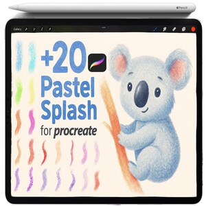 Pode incluir: Ilustração digital em tela de tablet com um coala e o texto "+20 Pastel Splash for Procreate". Amostras de pinceladas pastel são exibidas. Uma caneta branca com "Apple Pencil" está em cima.