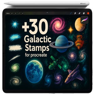 Puede incluir: Una tableta digital muestra +30 Galactic Stamps para Procreate. Los sellos presentan ilustraciones coloridas de galaxias, planetas y elementos espaciales. Un Apple Pencil blanco descansa en la parte superior de la tableta.