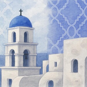 May include: Watercolour painting of a Greek Orthodox church with a blue dome and cross. The white building has arched windows and a bell tower. A blue and white patterned background adds to the Mediterranean theme.
