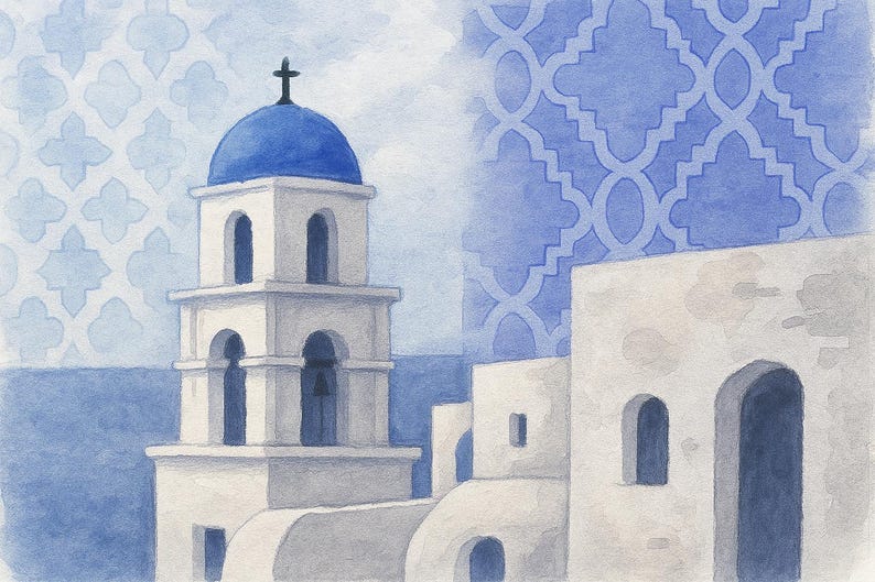 May include: Watercolour painting of a Greek Orthodox church with a blue dome and cross. The white building has arched windows and a bell tower. A blue and white patterned background adds to the Mediterranean theme.