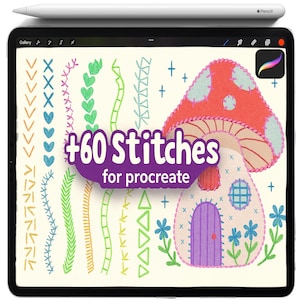 May include: A digital art illustration on a tablet featuring various stitch patterns and a mushroom house. The text "+60 stitches for procreate" is displayed. A white Apple Pencil rests on top of the tablet.