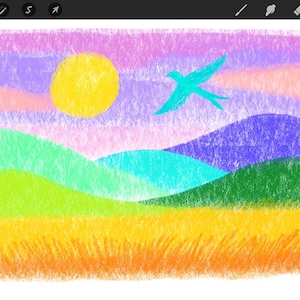 May include: A colorful digital art landscape featuring a yellow sun, a turquoise bird, and rolling hills in shades of green, blue, and purple. The foreground depicts a field of yellow and orange grass.