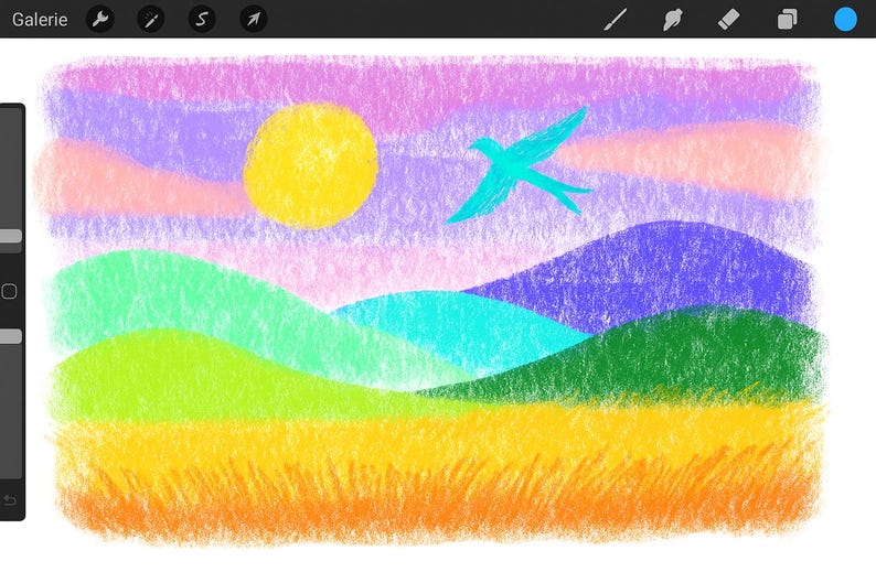 May include: A colorful digital art landscape featuring a yellow sun, a turquoise bird, and rolling hills in shades of green, blue, and purple. The foreground depicts a field of yellow and orange grass.