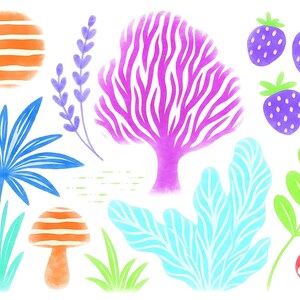 May include: A whimsical illustration featuring various colorful elements. Includes an orange and white striped sun, a purple tree, blue leaves, green grass, and purple strawberries. The design has a watercolor effect.