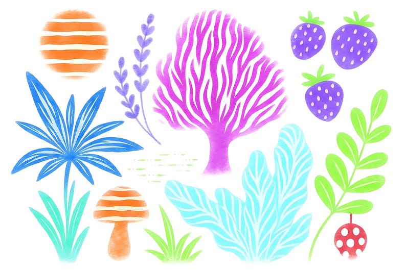 May include: A whimsical illustration featuring various colorful elements. Includes an orange and white striped sun, a purple tree, blue leaves, green grass, and purple strawberries. The design has a watercolor effect.