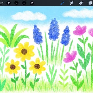 May include: A colorful illustration of a flower garden under a blue sky with fluffy white clouds. The garden features yellow sunflowers, purple hyacinths, and pink flowers, all set against a green grassy background.