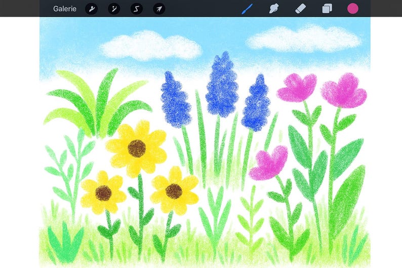 May include: A colorful illustration of a flower garden under a blue sky with fluffy white clouds. The garden features yellow sunflowers, purple hyacinths, and pink flowers, all set against a green grassy background.