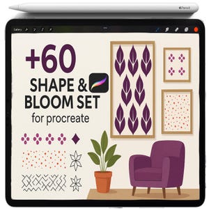 May include: A digital art illustration displayed on a tablet, featuring a purple armchair, potted plant, and framed wall art. The text reads "+60 SHAPE & BLOOM SET for procreate." A white stylus rests on top of the tablet.