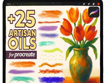 May include: A digital painting on a tablet featuring a vase of orange tulips and brushstroke samples. The text reads "+25 ARTISAN OILS for procreate". A white stylus rests at the top. The Procreate app icon is visible.