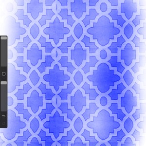 May include: A digitally created pattern with a repeating geometric design in shades of blue. The pattern has a watercolour effect, with a gradient from a darker blue to a lighter blue, creating a soft, textured appearance. The design is reminiscent of Moroccan tilework.