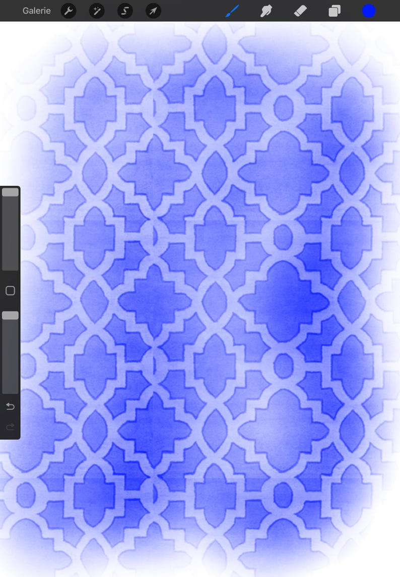 May include: A digitally created pattern with a repeating geometric design in shades of blue. The pattern has a watercolour effect, with a gradient from a darker blue to a lighter blue, creating a soft, textured appearance. The design is reminiscent of Moroccan tilework.