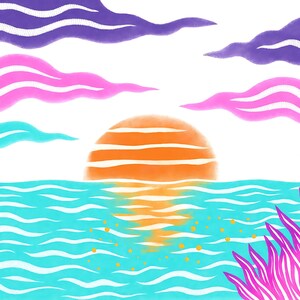 May include: A vibrant digital illustration of a sunset over the ocean. The sun is orange, with pink and purple clouds above the turquoise water. Pink and purple plant-like shapes are in the lower right corner.