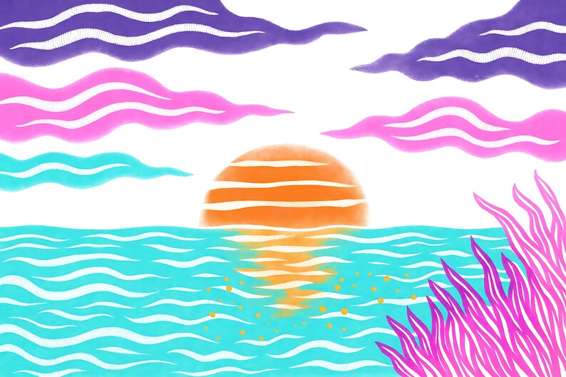May include: A vibrant digital illustration of a sunset over the ocean. The sun is orange, with pink and purple clouds above the turquoise water. Pink and purple plant-like shapes are in the lower right corner.