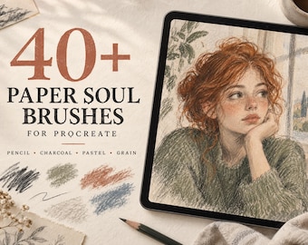 May include: A digital tablet displaying a portrait of a person with red hair in a green sweater, with text reading 40+ PAPER SOUL BRUSHES FOR PROCREATE PENCIL CHARCOAL PASTEL GRAIN, alongside digital swatches of various colored pencil textures.