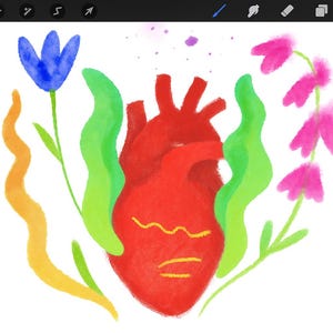 May include: A watercolor illustration of a red heart surrounded by green, orange, and blue floral elements. The heart has yellow lines and is set against a white background. The word "Galerie" is in the top left corner.