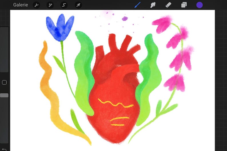 May include: A watercolor illustration of a red heart surrounded by green, orange, and blue floral elements. The heart has yellow lines and is set against a white background. The word "Galerie" is in the top left corner.