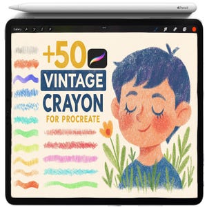 May include: A digital tablet displays a colorful illustration with the text "+50 VINTAGE CRAYON FOR PROCREATE." The image includes a drawing of a child with closed eyes, a flower, and various crayon stroke samples. A white stylus rests above the tablet.