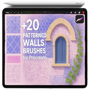 Könnte beinhalten: Eine digitale Illustration auf einem Tablet zeigt eine Vorschau von Wandpinseln mit Mustern für Procreate. Das Bild zeigt eine blaue Tür und ein Fenster mit einer Kletterpflanze. Der Text lautet "+20 Patterned Walls Brushes for Procreate."