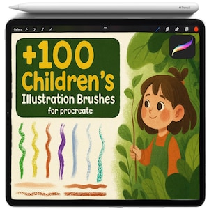 Puede incluir: Ilustración digital en una tableta. Una niña sostiene una planta, rodeada de vegetación. La pantalla muestra: "+100 Children's Illustration Brushes for procreate" y ejemplos de trazos de pincel coloridos. Un lápiz blanco descansa encima.