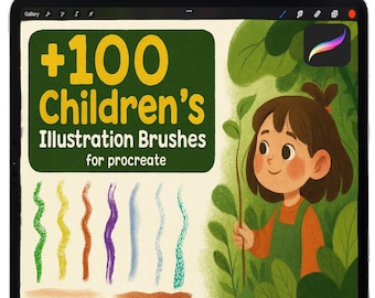 May include: A tablet screen displaying a digital illustration of a girl with a plant, set in a green environment. The screen shows text: "+100 Children's Illustration Brushes for procreate" and brush stroke examples. A white stylus is positioned above.