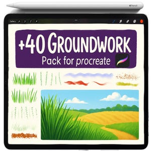 May include: A digital illustration on a tablet featuring a landscape scene and various brush strokes. The text reads "+40 GROUNDWORK Pack for procreate". A white stylus rests on top of the tablet. The scene includes green grass, a yellow field, and a blue sky.