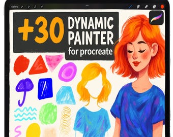 May include: A black tablet with a white stylus on top. The screen displays the text "+30 DYNAMIC PAINTER for procreate" with colorful illustrations and a portrait of a woman with red hair and a blue shirt.