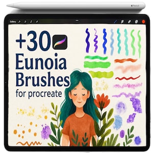 May include: An iPad Pro with a white Apple Pencil displays a digital art illustration. The image features the text "+30 Eunoia Brushes for Procreate" and a drawing of a girl with teal hair, surrounded by colorful brush strokes and floral elements.