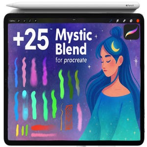 May include: A digital tablet with a white stylus on top. The screen displays the words "+25 Mystic Blend for procreate" with colorful brushstroke examples and an illustration of a woman with blue hair and a crescent moon. The tablet is black.